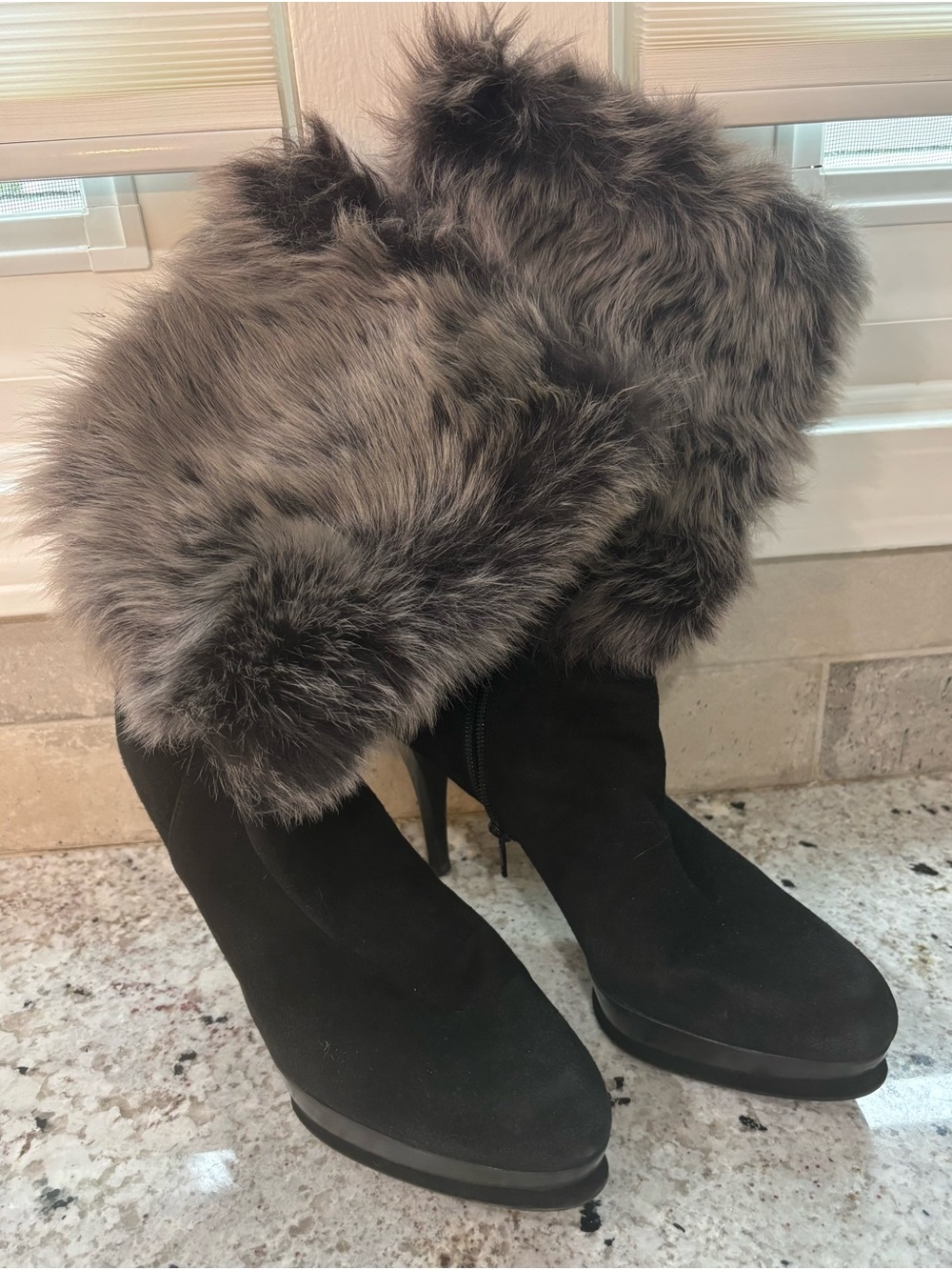 Stuart Weitzman Black Suede Heeled Boots with Gray Fur Cuff